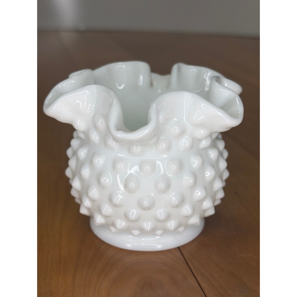 Vintage Fenton Hobnail Milk Glass Vase | Double Crimped Ruffled Edge